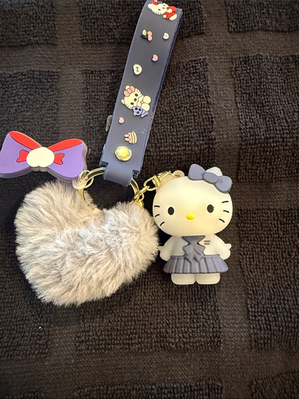 Hello Kitty Purple and Gray Silicone Charm Keyring with Fuzzy Heart